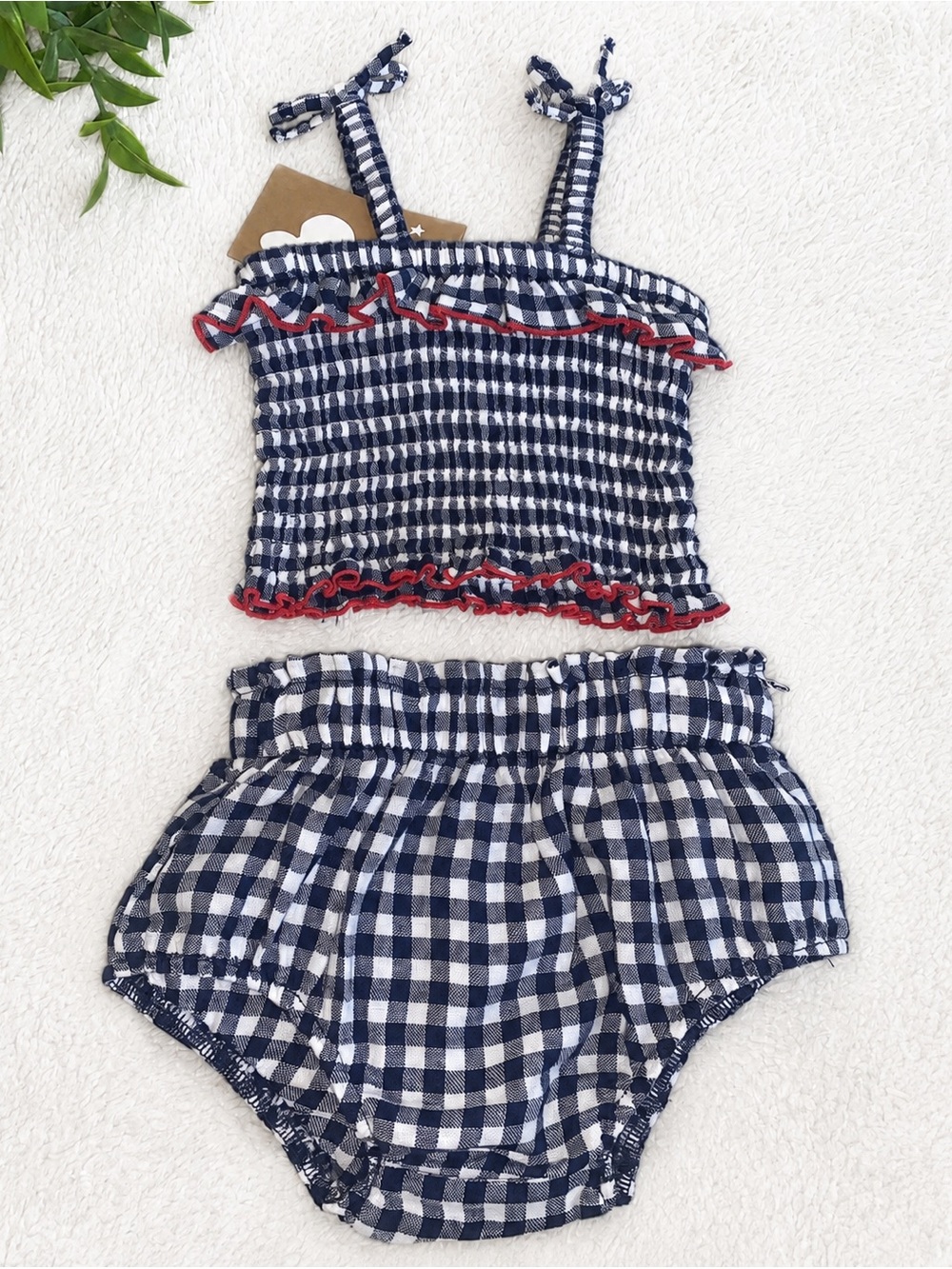 NWT Angel Dear 2-Piece Navy White Gingham Set Red Ruffle Trim Baby Girls 3-6M